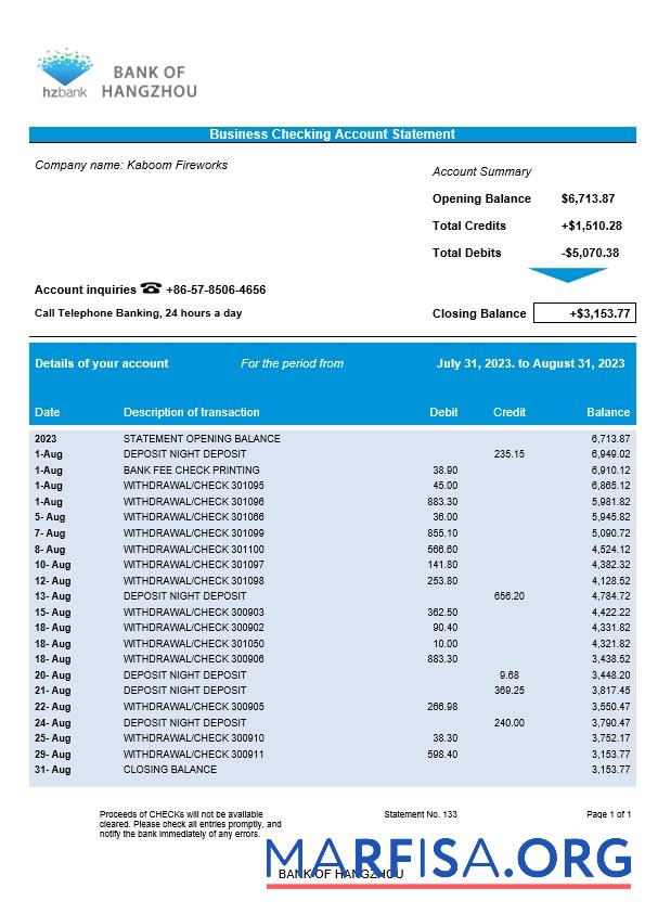 Printable Bank of Hangzhou company statement Word and PDF template